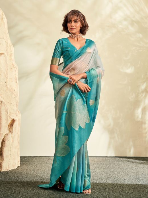 Stunning Sky-Blue Thread Work Silk Sangeet Wear Saree With Blouse