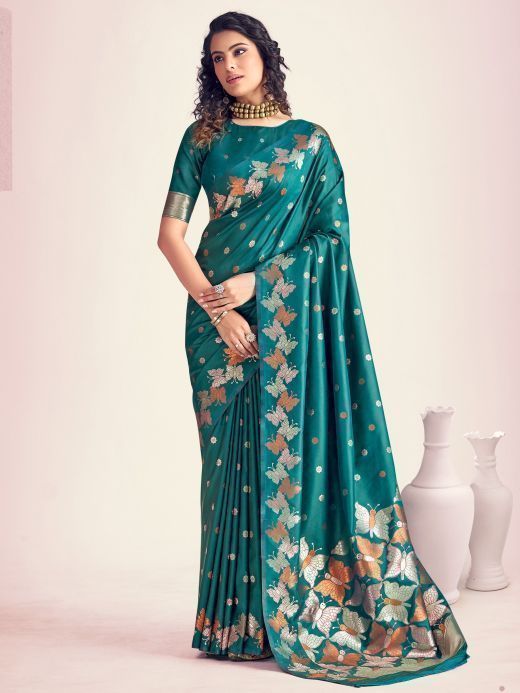 Awesome Teal Green Zari Weaving Banarasi Silk Traditional Saree