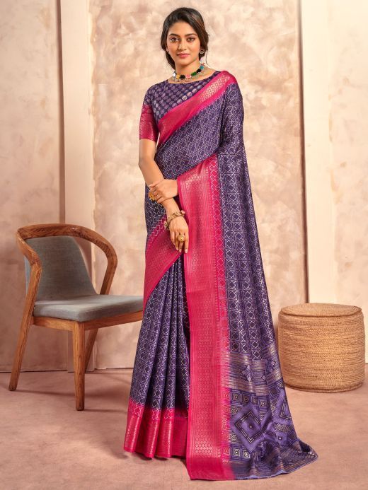 Incredible Purple Foil Printed Dola Silk Event Wear Saree With Blouse