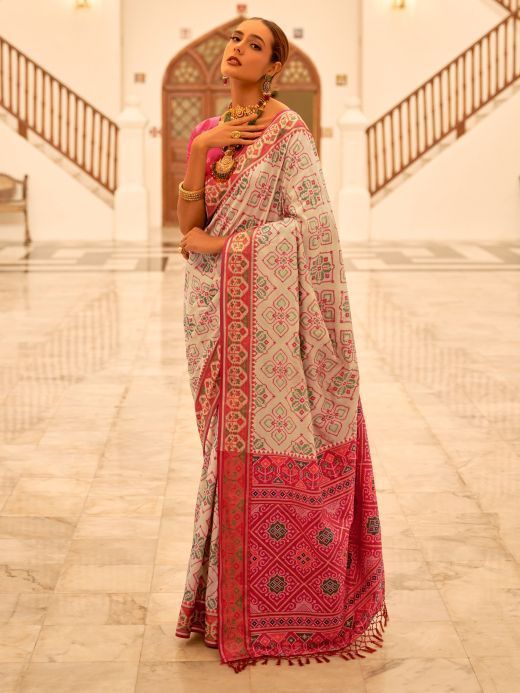 Stunning Off-White Patola Printed Silk Traditional Saree With Blouse