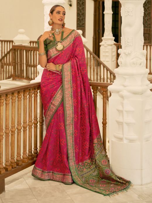 Enchanting Rani Pink Patola Printed Silk Wedding Saree With Blouse