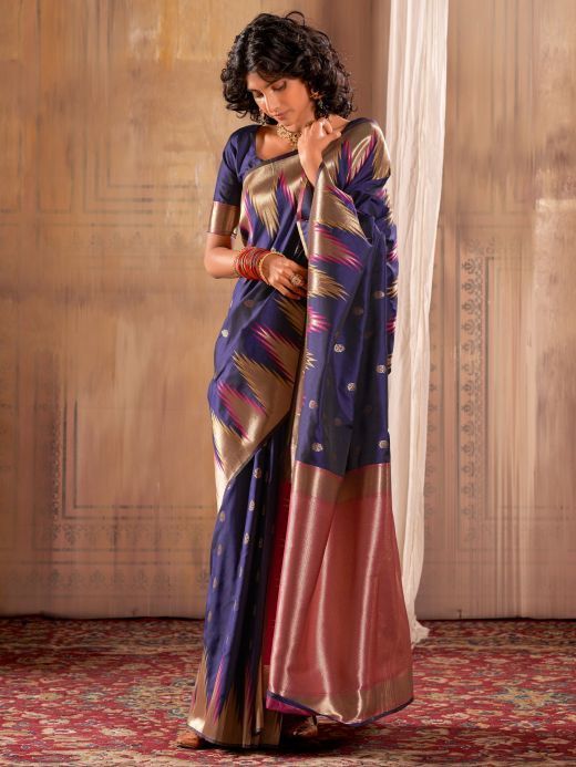 Glamorous Navy Blue Zari Weaving Banarasi Silk Traditional Saree
