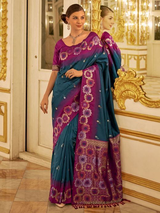 Magnetic Teal Blue Zari Weaving Banarasi Silk Saree With Blouse