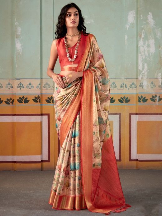 Bewitching Beige Floral Printed Silk Festival Wear Saree With Blouse