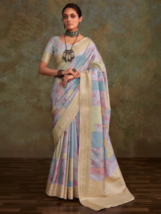 Marvelous Lavender Digital Printed Silk Saree With Blouse