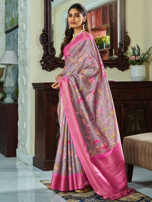 Fascinating Dusty Purple Floral Printed Silk Saree With Blouse