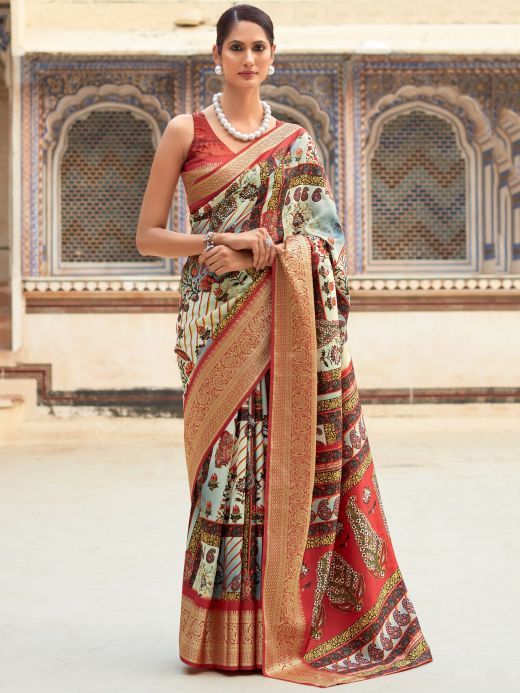 Adorable Multi-Color Digital Printed Silk Traditional Saree With Blouse
