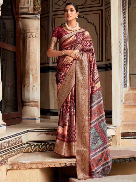 Outstanding Wine Digital Printed Silk Traditional Saree With Blouse