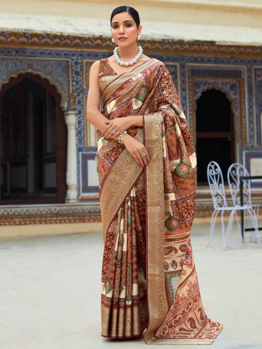 Incredible Brown Digital Printed Silk Events Wear Saree With Blouse