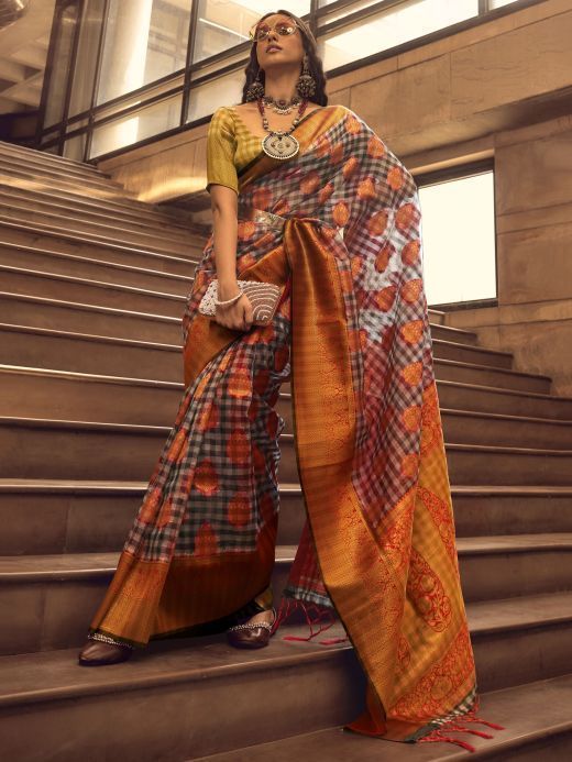 Charming Grey & Orange Zari Weaving Organza Event Wear Saree