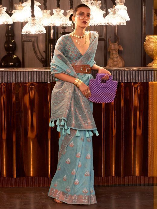 Beautiful Sky-Blue Copper Weaving Silk Event Wear Saree With Blouse