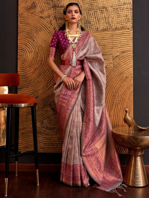 Beautiful Dusty Pink Copper Weaving Silk Traditional Saree With Blouse