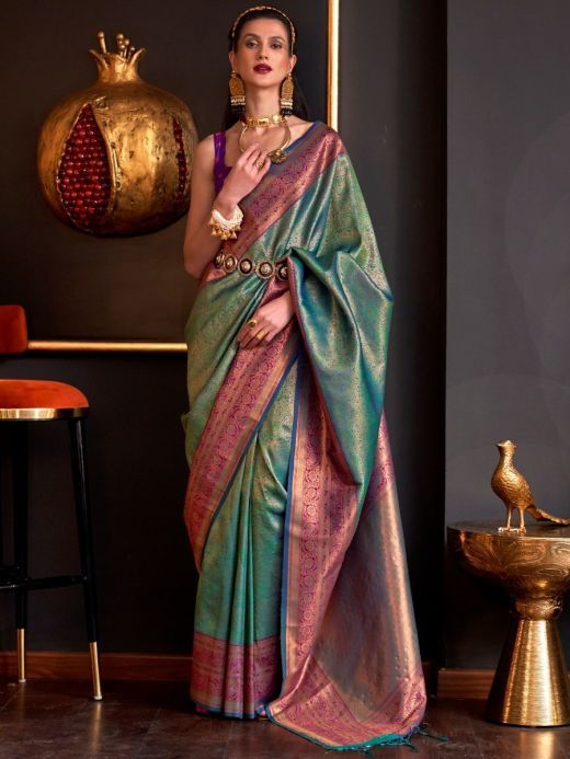Charming Teal Green Weaving Silk Event Wear Saree With Blouse