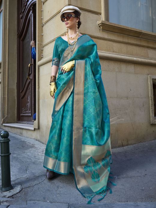 Captivating Sky-Blue Printed Organza Function Wear Saree With Blouse