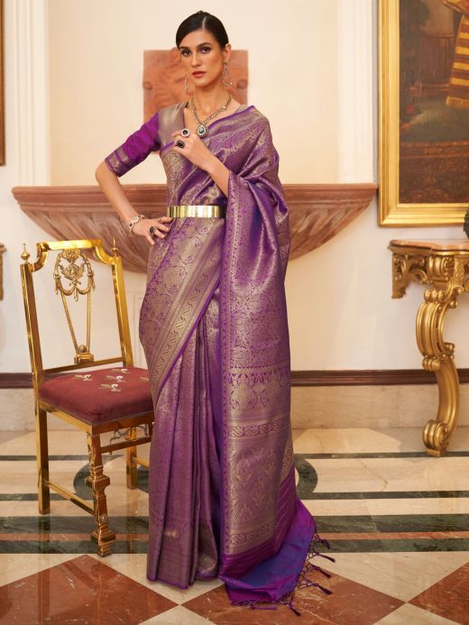 Adorable Purple Zari Weaving Silk Festival Wear Saree With Blouse