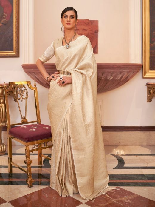 Captivating Off-White Zari Weaving Silk Traditional Saree With Blouse