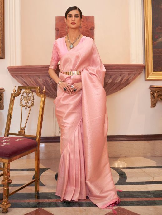 Stunning Peach Zari Weaving Silk Function Wear Saree With Blouse