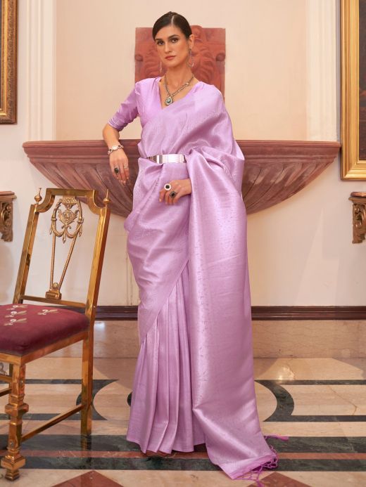 Dazzling Lavender Zari Weaving Silk Festival Wear Saree With Blouse