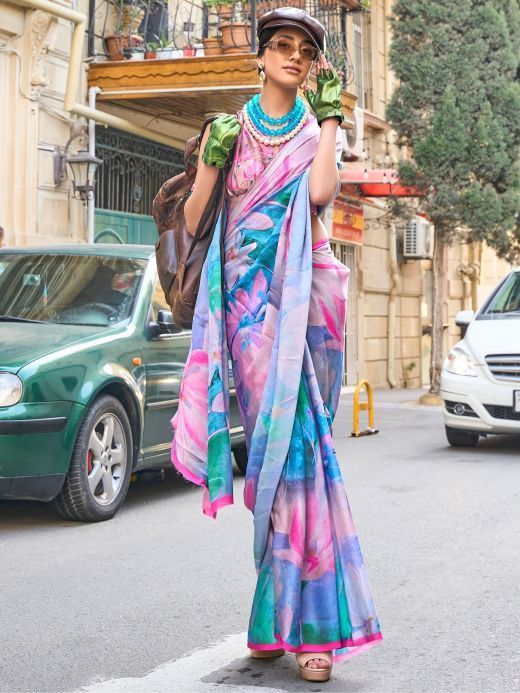 Attractive Multi-Color Floral Printed Satin Event Wear Saree With Blouse