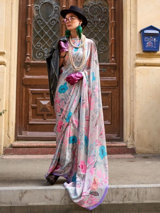 Wonderful Grey Floral Printed Satin Festival Wear Saree With Blouse