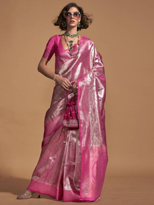 Fantastic Pink Zari Woven Silk Festival Wear Saree With Blouse