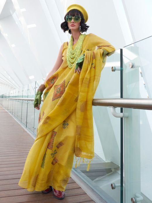 Enchanting Yellow Digital Printed Tissue Silk Festival Wear Saree
