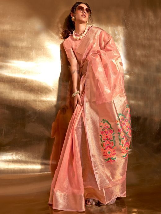 Charming Peach Zari Weaving Silk Festival Wear Saree With Blouse