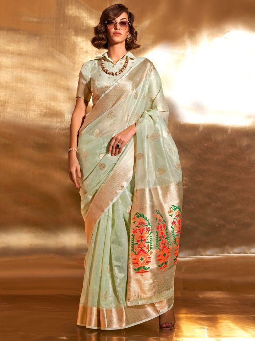 Gorgeous Pista Green Zari Weaving Silk Event Wear Saree With Blouse