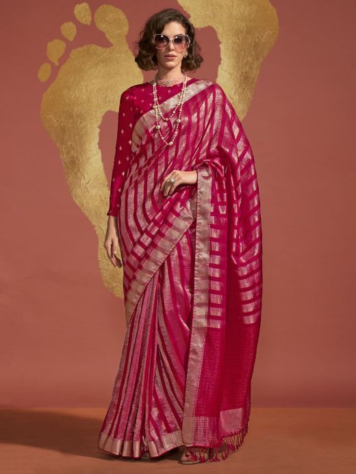 Stunning Rani Pink Zari Weaving Viscose Function Wear Saree With Blouse