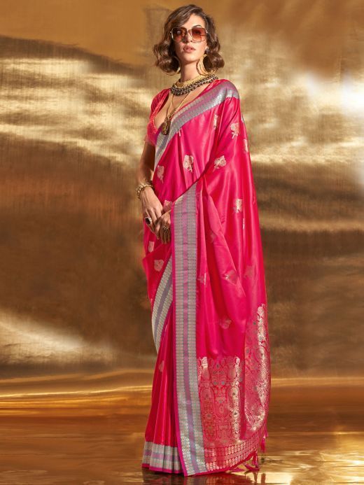 Excellent Pink Zari Weaving Satin Festival Wear Saree With Blouse