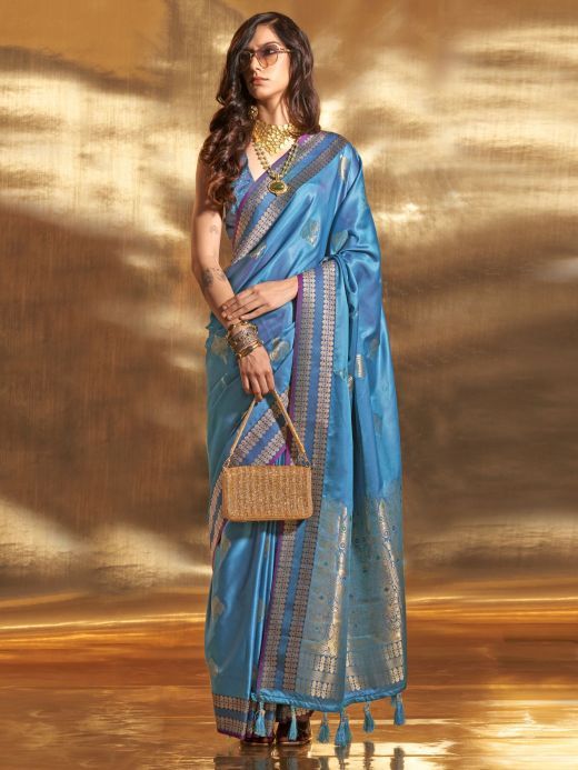 Beautiful Blue Zari Weaving Satin Wedding Wear Saree With Blouse