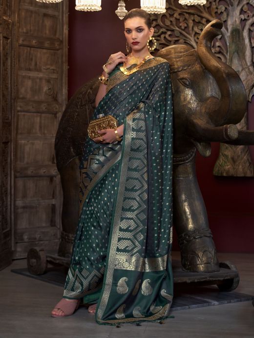 Gorgeous Green Zari Weaving Satin Festival Wear Saree With Blouse