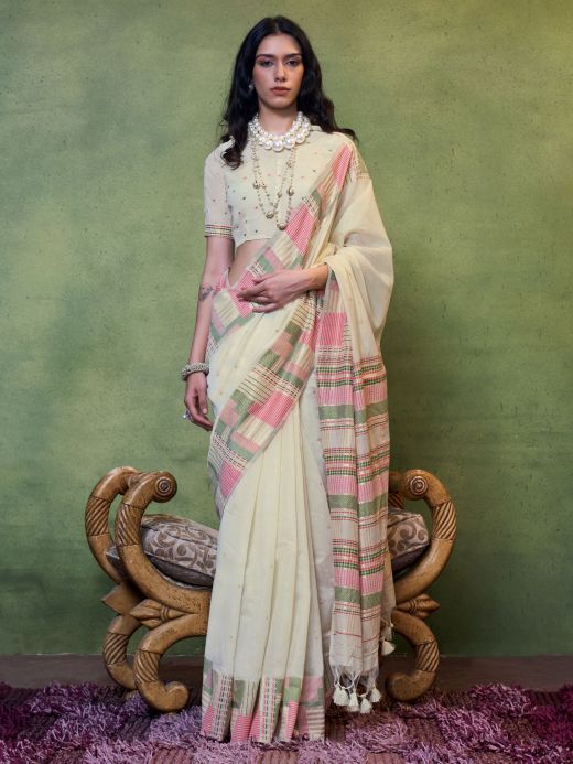 Memorable Beige Weaving Cotton Traditional Saree With Blouse