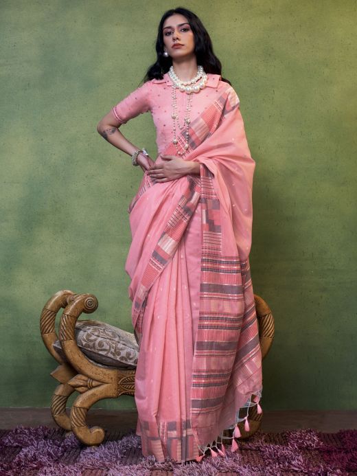 Outstanding Baby Pink Weaving Cotton Function Wear Saree With Blouse