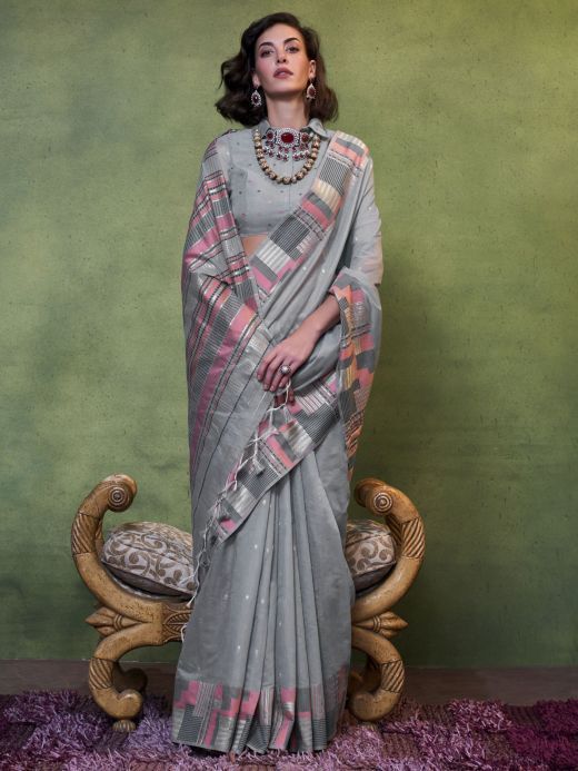 Remarkable Grey Weaving Cotton Event Wear Saree With Blouse