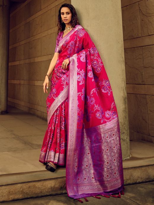 Incredible Pink Zari Weaving Silk Wedding Wear Saree With Blouse