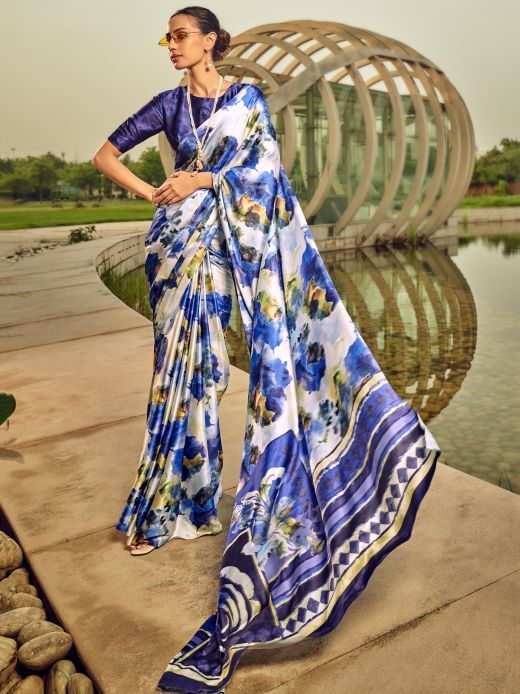 Astonishing White & Blue Digital Printed Satin Party Wear Saree