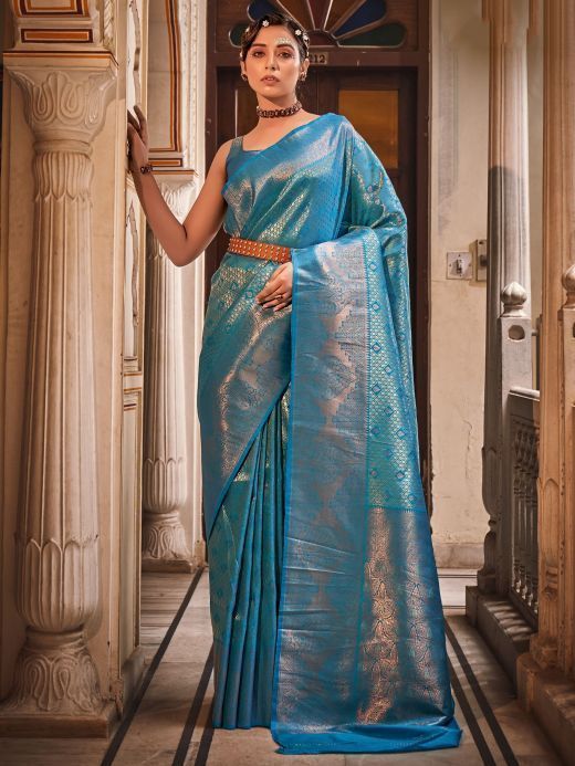 Beautiful Sky-Blue Zari Weaving Silk Festival Wear Saree With Blouse