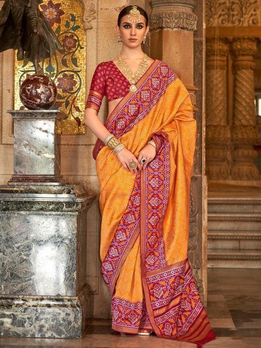Enchanting Yellow Patola Printed Silk Traditional Saree With Blouse