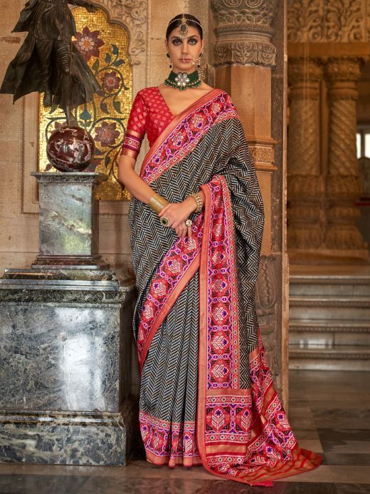 Lovable Black Patola Printed Silk Event Wear Saree With Blouse