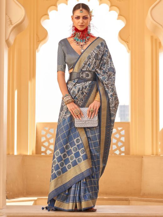 Fascinating Grey & Blue Floral Printed Silk Function Wear Saree