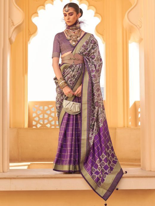 Magnetic Grey & Purple Floral Printed Silk Wedding Wear Saree