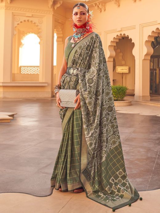 Charming Grey & Green Floral Printed Silk Mehendi Wear Saree