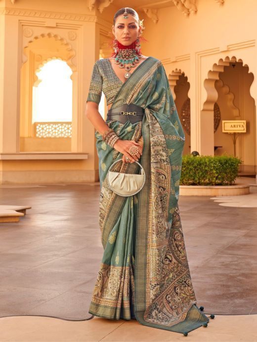 Alluring Sage Green Printed Silk Function Wear Saree With Blouse
