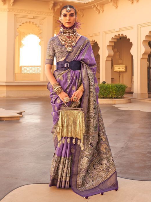 Glamorous Purple Printed Silk Wedding Wear Saree With Blouse