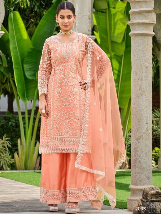 Beautiful Peach Embroidered Net Festival Wear Palazzo Suit With Dupatta