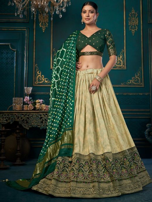 Lovely Green Khatli Work Silk Mehendi Wear Lehenga Choli With Dupatta