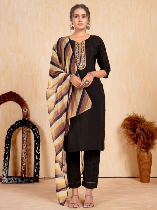 Stunning Dark Brown Embroidered Silk Event Wear Pant Suit With Dupatta