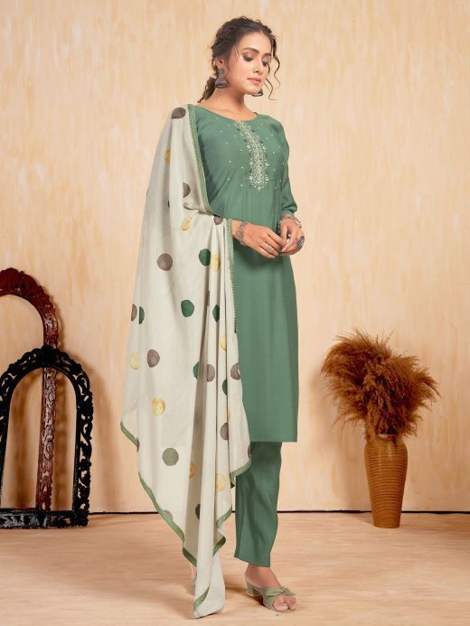 Incredible Mint Green Embroidered Silk Function Wear Pant Suit
