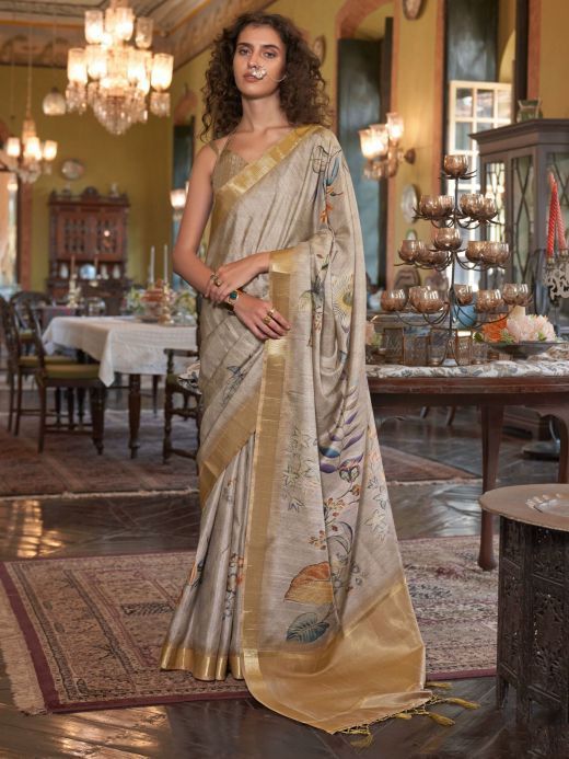 Glamorous Grey Digital Printed Banarasi Silk Festival Wear Saree